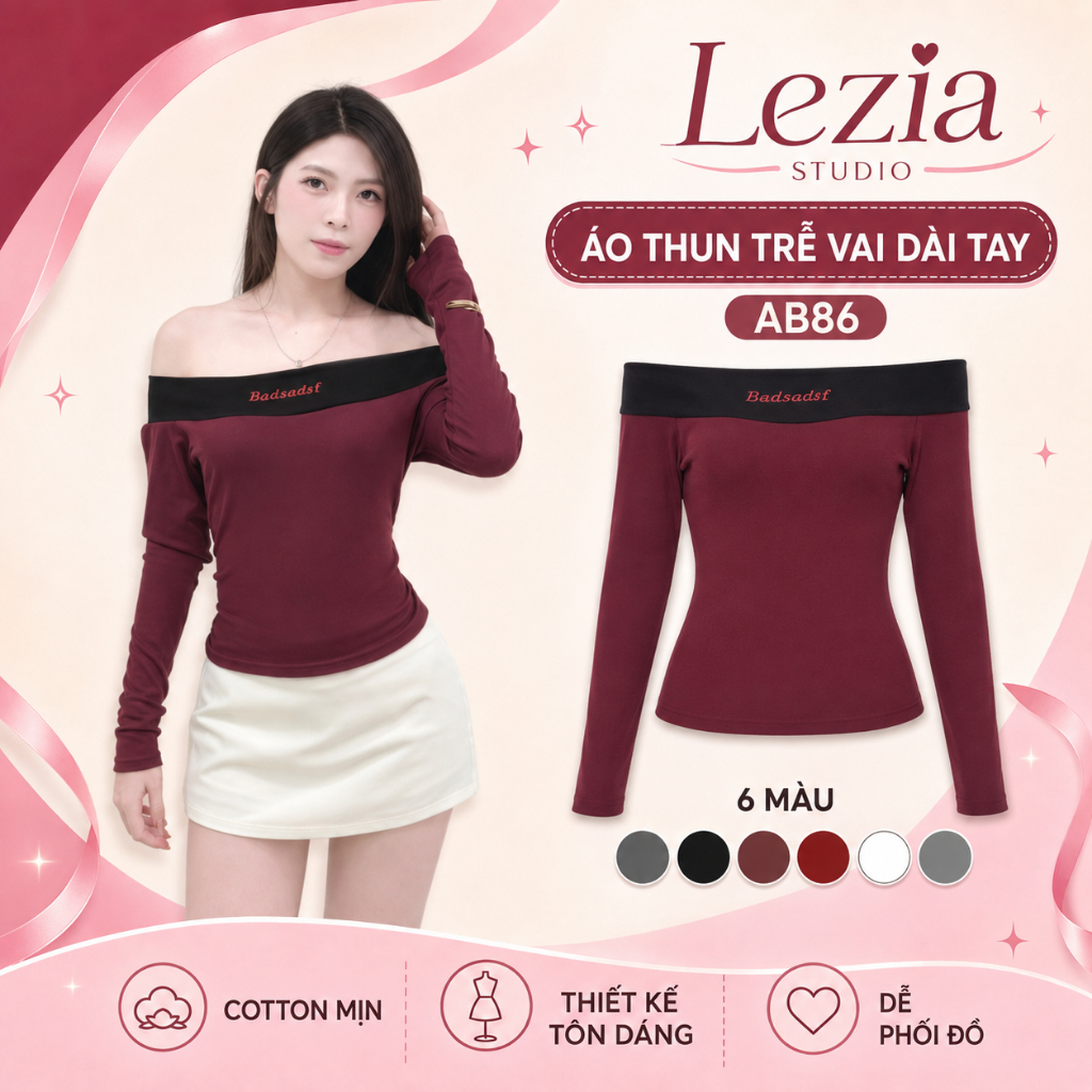 Áo thun trễ vai dài tay thêu chữ chất liệu Cotton mịn LEZIA STUDIO - AB86