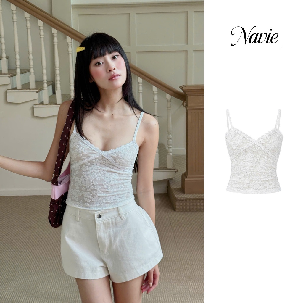 NAVIE - Áo hai dây ren hoa đắp chéo thời trang nữ