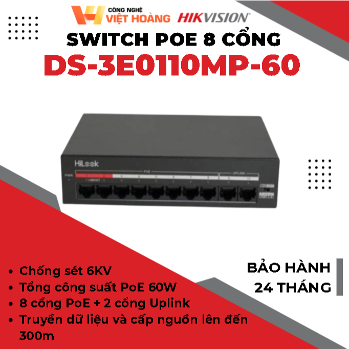 Switch PoE Hilook DS-3E0110MP-60 | 8 ports 10/100Mbps