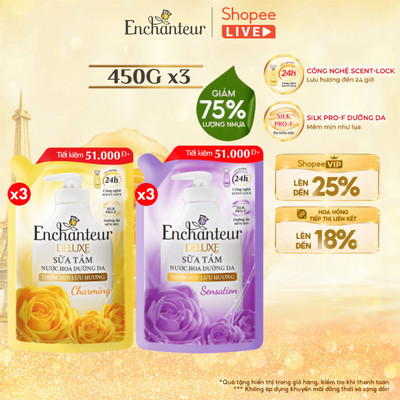 [SVIP] COMBO 3 Túi Sữa tắm hương nước hoa Enchanteur Charming / Sensation ( 450g x 3 )