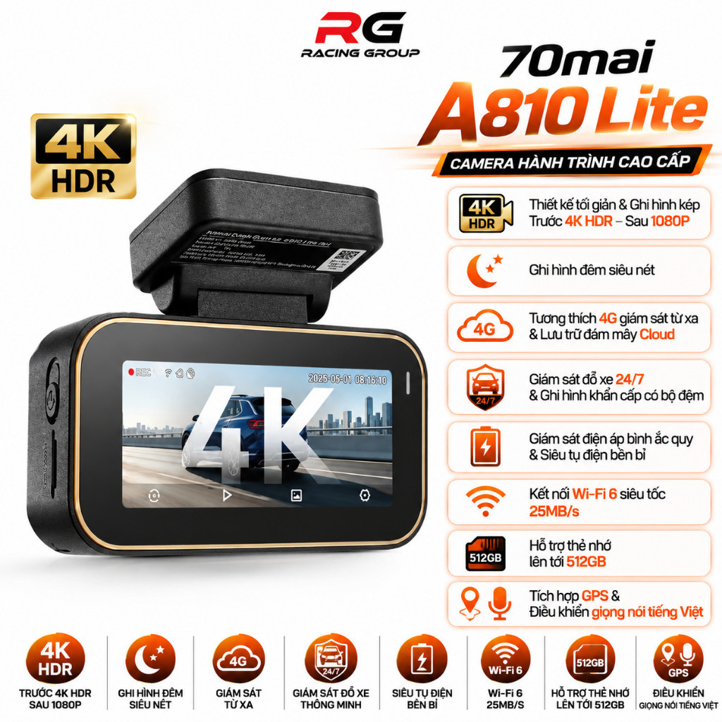 Camera Hành Trình Ô Tô 70mai A810 Lite Kết Nối 4G Giám Sát Từ Xa Ghi Hình Độ Phân Giải 4K HDR