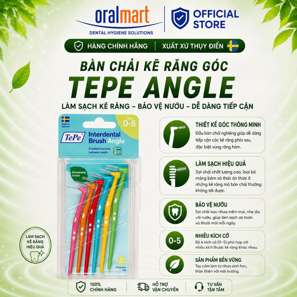 Bàn chải kẽ răng góc TePe Angle – đầu nhỏ, dễ chải kẽ răng sau (Vỉ 6 cây) - Nhập Khẩu Thuỵ Điển