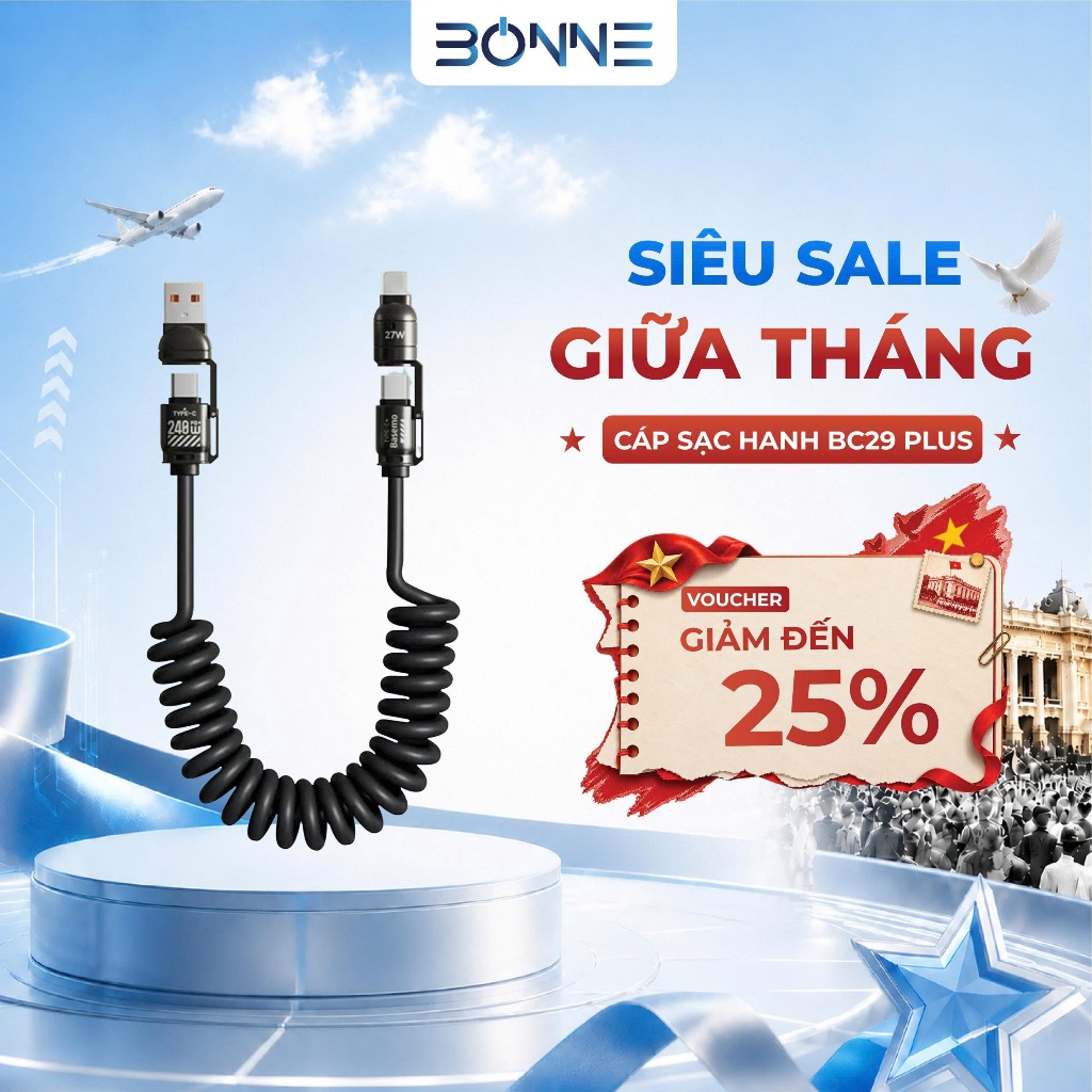 Cáp Sạc Lò Xo Đa Năng BC29 PLUS Sạc Nhanh 240W, Cáp Sạc Nhanh 4 IN 1 Chống Rối, Sạc Nhanh 240W