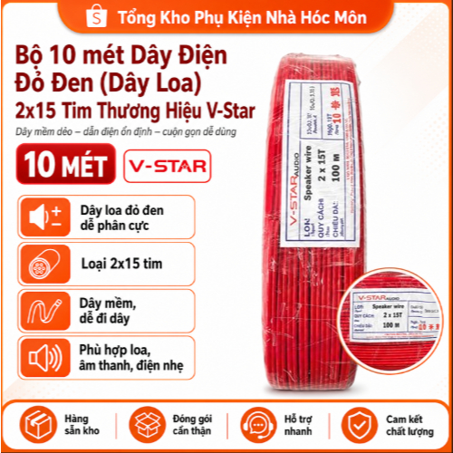Bộ 10 mét Dây Điện Đỏ Đen (Dây Loa) 2x15 Tim Thương Hiệu V-Star