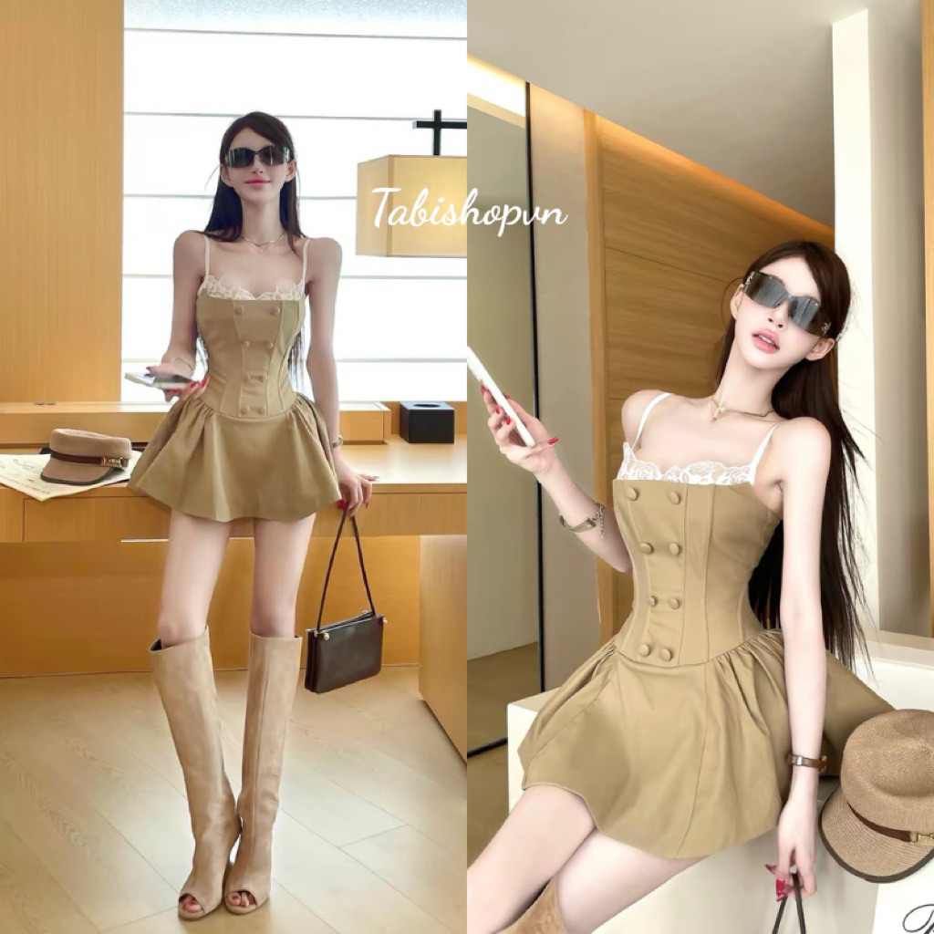 Đầm nữ 2 dây phối ren nút bọc TABISHOP Váy xoè nhún hông tôn dáng đi tiệc đi chơi(394)