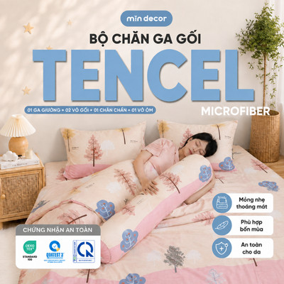 Bộ Chăn Ga Gối Tencel Microfiber Mịn Decor, Bộ 5 Món Ga Gối Chăn Chần Mỏng, Mềm Mát Thoáng Mát