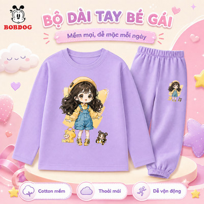 Bộ thu đông bé gái BOBDOG, quần áo cho bé chất cotton mềm mịn cao cấp in hình cô gái cute TW-KS10