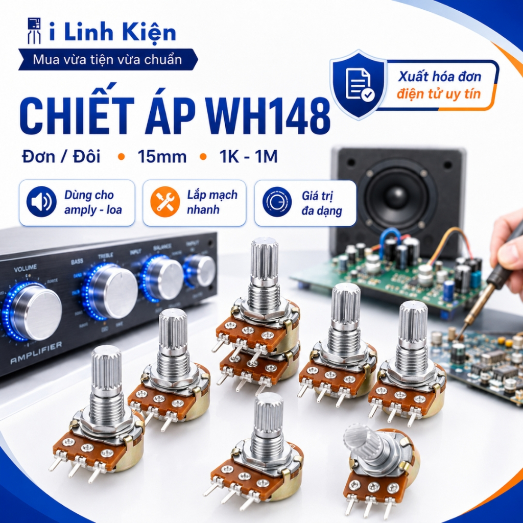 Chiết áp đơn chiết áp đôi WH148 1K/2K/5K/10K/20K/50K/100K/250K/500K 15mm chất lượng tốt.