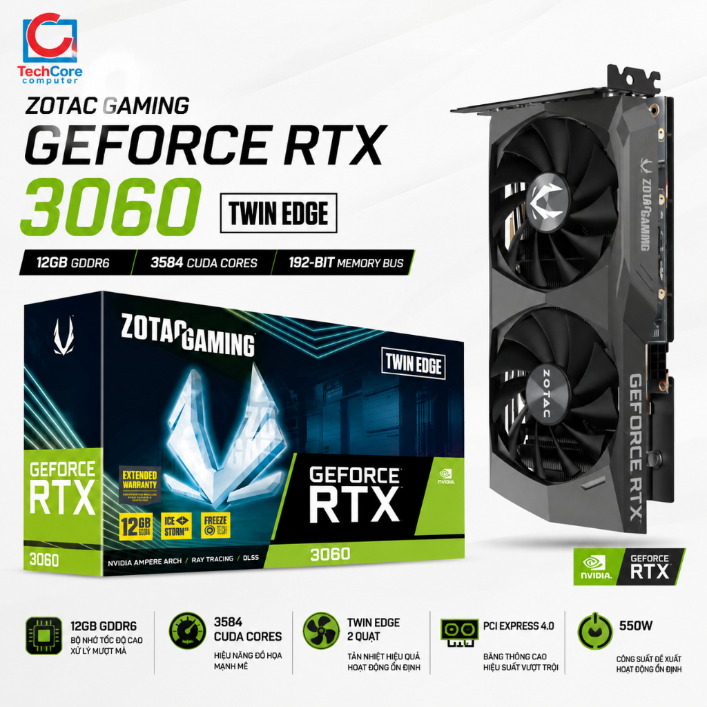 Card màn hình NVIDIA GeForce RTX 3060 ZOTAC Twin Edge | 12GB GDDR6, 3584 CUDA, 550W