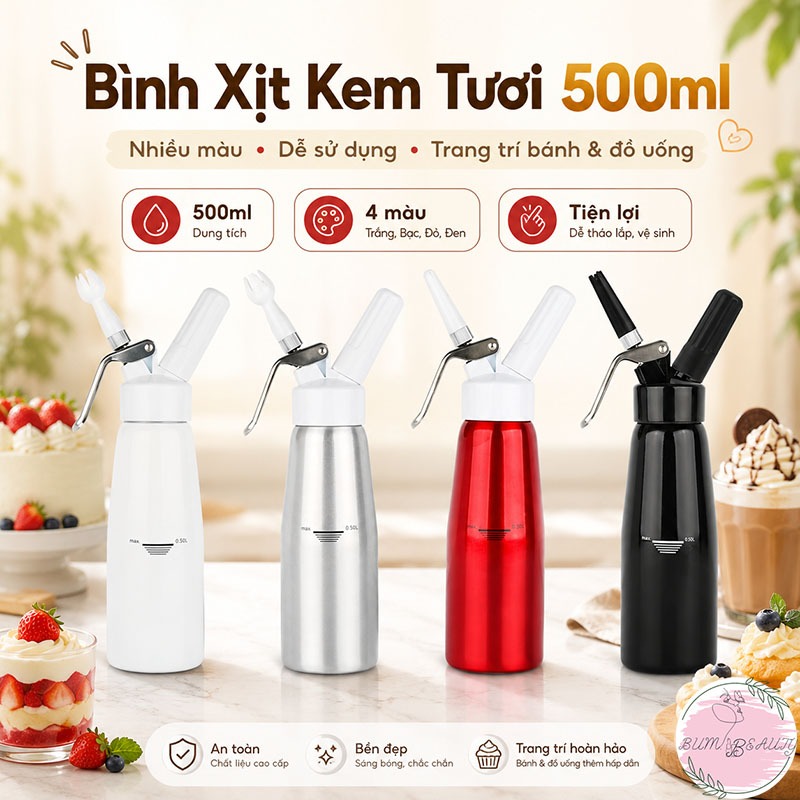 Bình Xịt Kem Tươi 500ml Nhiều Màu, Bình Làm Whipping Cream Trang Trí Bánh