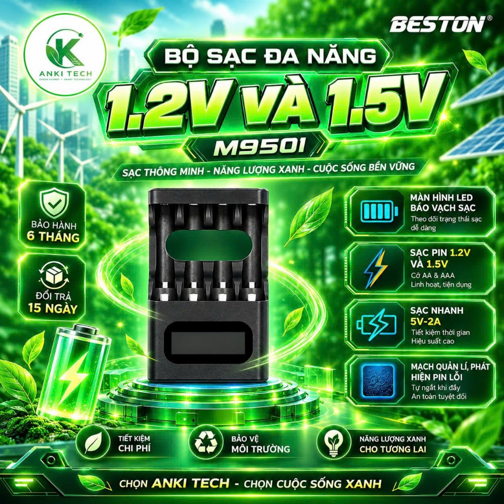 Bộ sạc pin Beston M9501 AA AAA cho cả pin Ni-MH 1.2V và pin Lithium 1.5V , hỗ trợ sạc nhanh