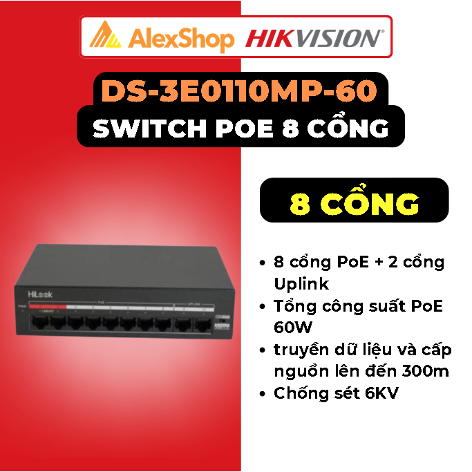Switch PoE 8 ports 10/100Mbps HILOOK DS-3E0110MP-60