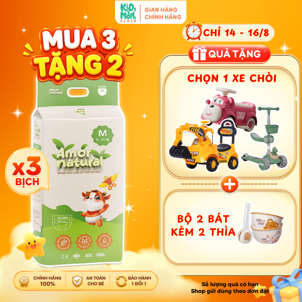 (3A) [COMBO SIÊU XE] COMBO 3 bịch tã/bỉm Amor Natural Việt thấm nhanh, thoáng mát đủ size NB/S/M/L/X