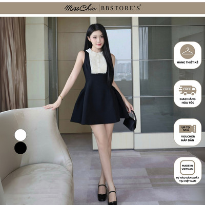 MISSCHIC BY BBSTORE’S Đầm Ngắn Cố Lá Sen Đính Cườm Tùng Xòe Chất Cotton Tuyết - D4290A