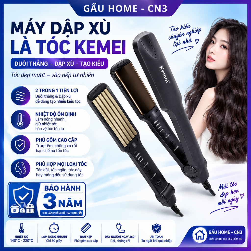 Máy Dập Phồng Chân Tóc Làm Tóc Dày KEMEI 332, Tạo Kiểu Dễ Dàng, Máy Uốn Tóc Phồng Tự Nhiên 2026