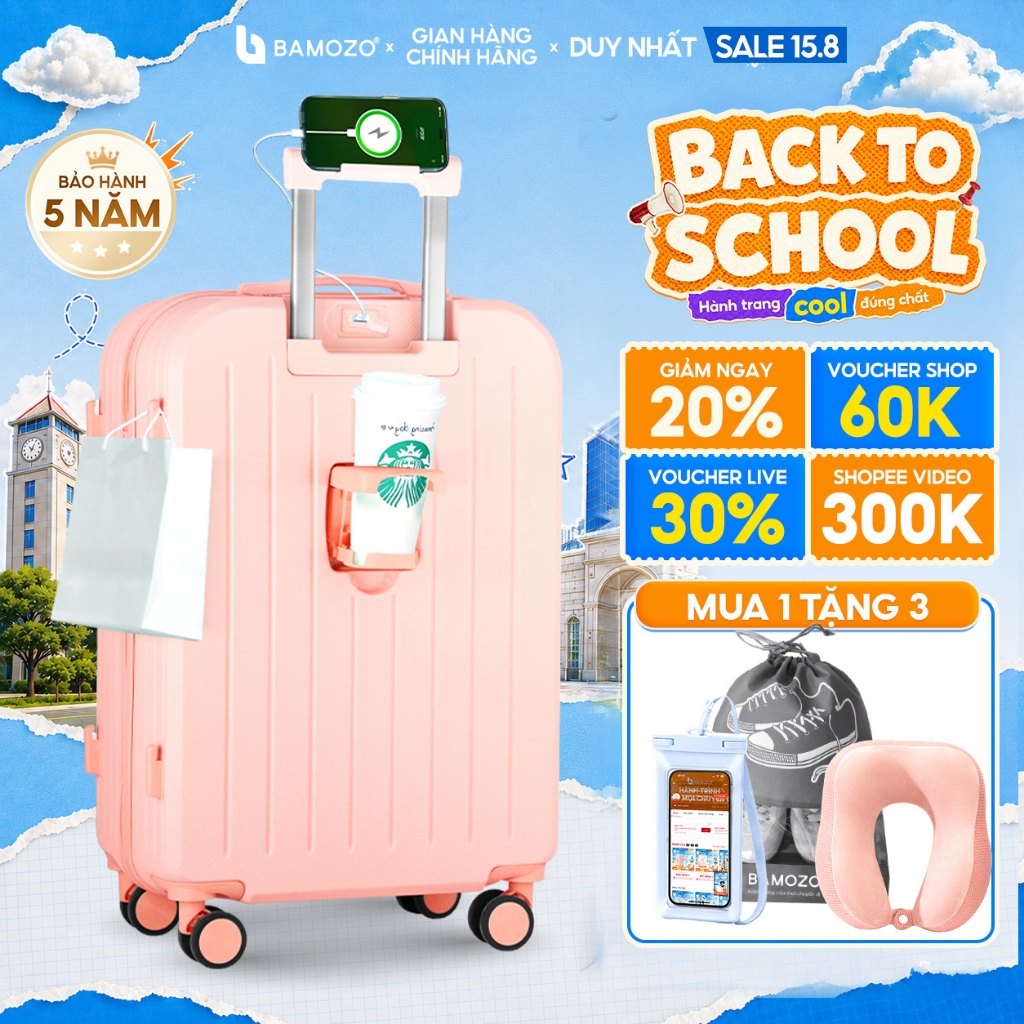 Vali Du Lịch Bamozo 8812 Thời Trang Size 20/24 Chất Liệu PC + ABS Bền Đẹp Bảo Hành 5 Năm_8812