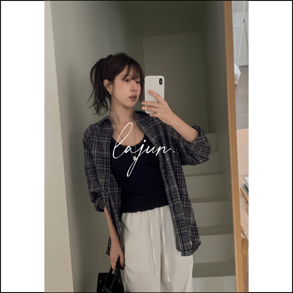 [LAJUN KOREA] Áo Sơ Mi Slow Checked Tay Dài Kẻ Caro Mỏng Nhẹ Mềm Mát Form Oversize Suông Rộng Dễ Phố