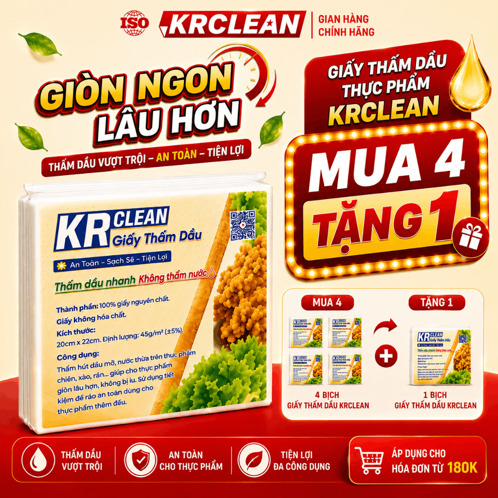 Giấy Thấm Dầu Thực Phẩm KRCLEAN 15x20/25x25cm - Giấy Thấm Dầu Mỡ Thức Ăn, Thịt Cá Chiên Rán, An Toàn