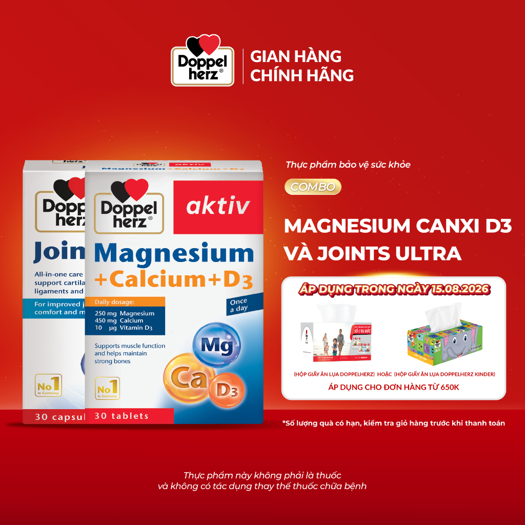 Bộ đôi bổ sung Canxi phòng ngừa loãng xương, cải thiện chức năng khớp Doppelherz Magnesium Canxi D3 