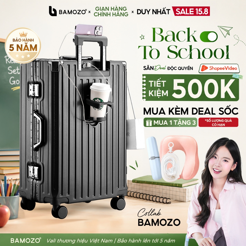 Vali Khung Nhôm Khóa Sập 9066 Bamozo Size 20/24/28 Bịt Góc Kim Loại Chống Va Đập Bảo Hành 5 Năm_9066