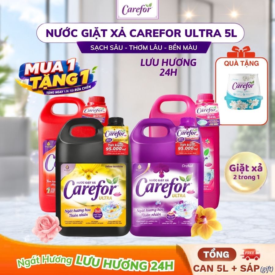 Combo tiện lợi Nước giặt xả đậm đặc thơm lâu Carefor 5L+ sáp thơm hương nhài