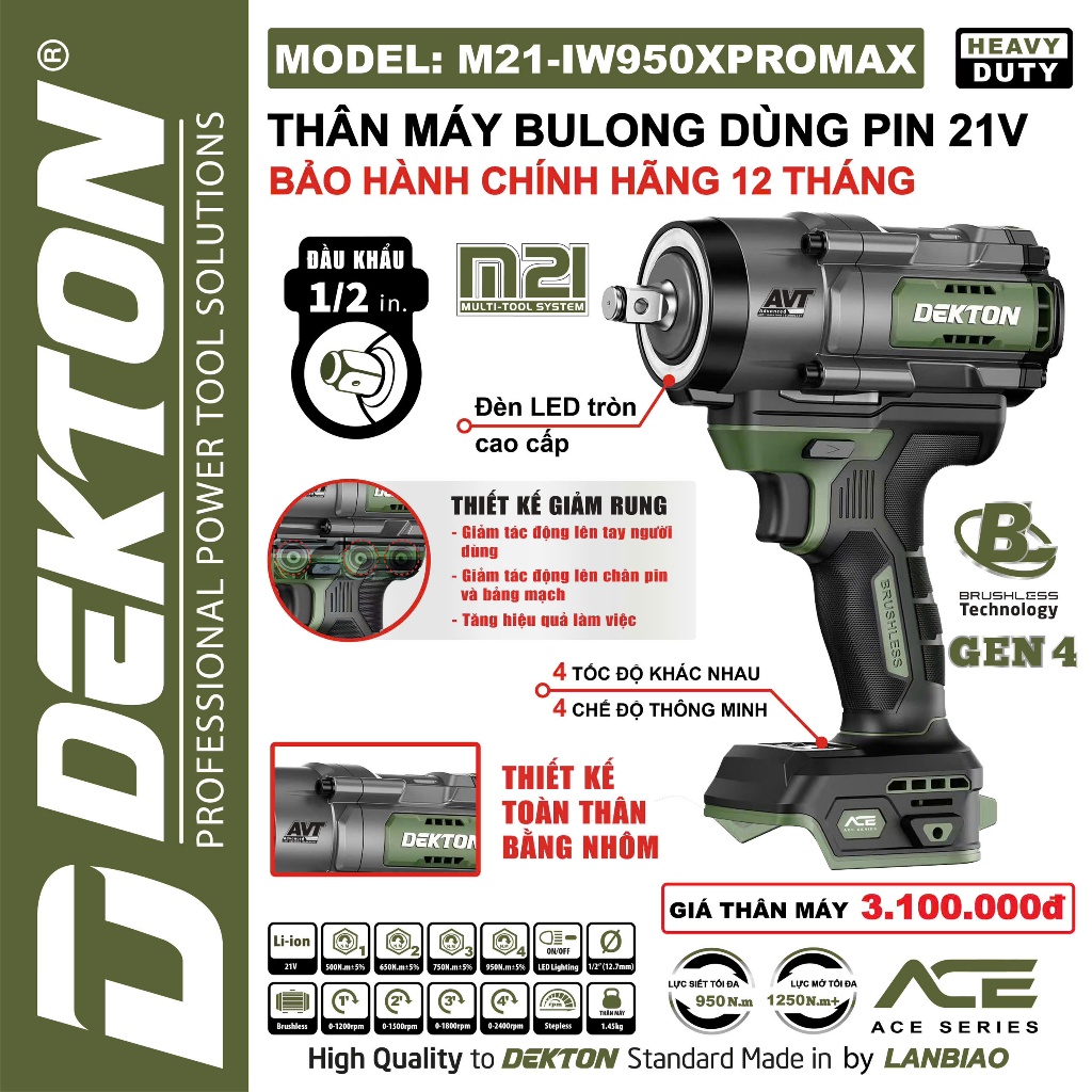 Máy siết bulong pin Dekton 680Nm/M21-IW680Promax và 710Nm/M21-IW710XPromax, 950Nm/M21-IW950XPromax