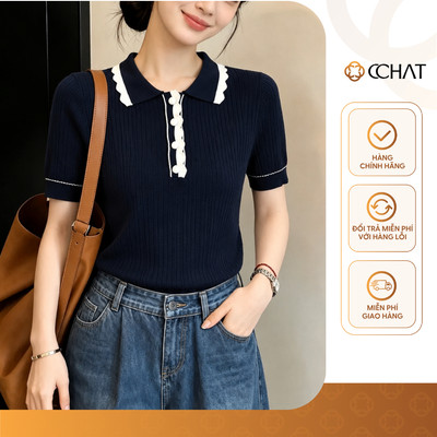 Áo Thun 𝐂𝐂𝐇𝐀𝐓 Dáng Ôm Florent Knit Top Dệt Gân Sọc Chất Liệu Len Mềm Mại 16TNC8072OT