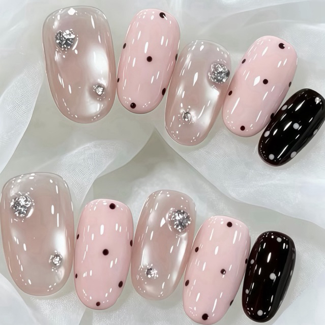 Móng giả - Nail box hàng ngày thạch mắt mèo hồng chấm bi Embi.nailbox E096