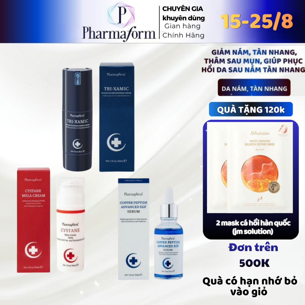 [COMBO] Pharmaform giảm nám, giảm thâm mụn Cystane Mela Cream + Copper Peptide Advance Serum + Tri-X