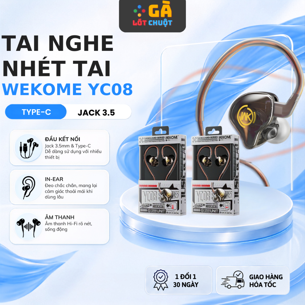 Tai nghe nhét tai WEKOME YC08,tai nghe có dây gaming tích hợp micro, cản tiếng ồn điều chỉnh âm than