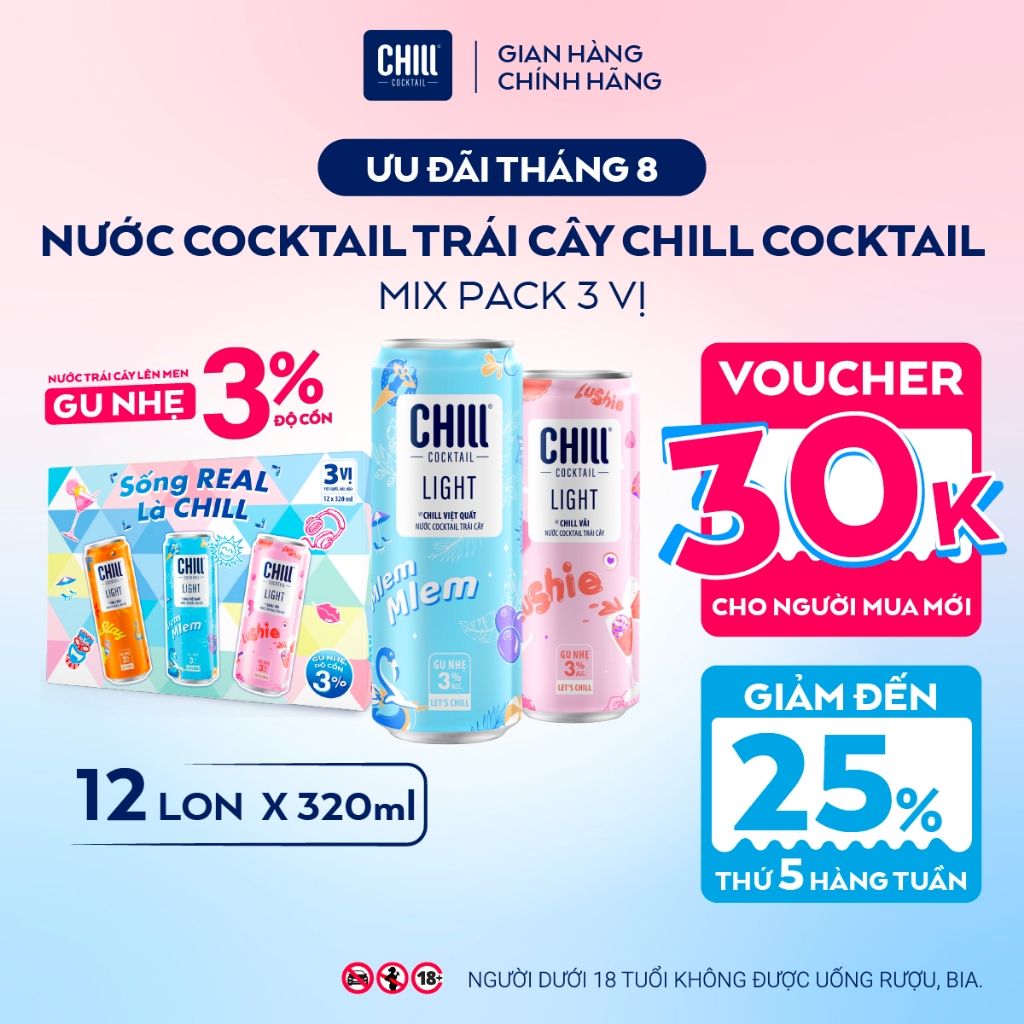 Thùng 12 Lon CHILL COCKTAIL LIGHT Mix 3 Vị 320ml, Nước Cocktail Trái Cây Gu Nhẹ 3% Ít Cồn - Sống REA