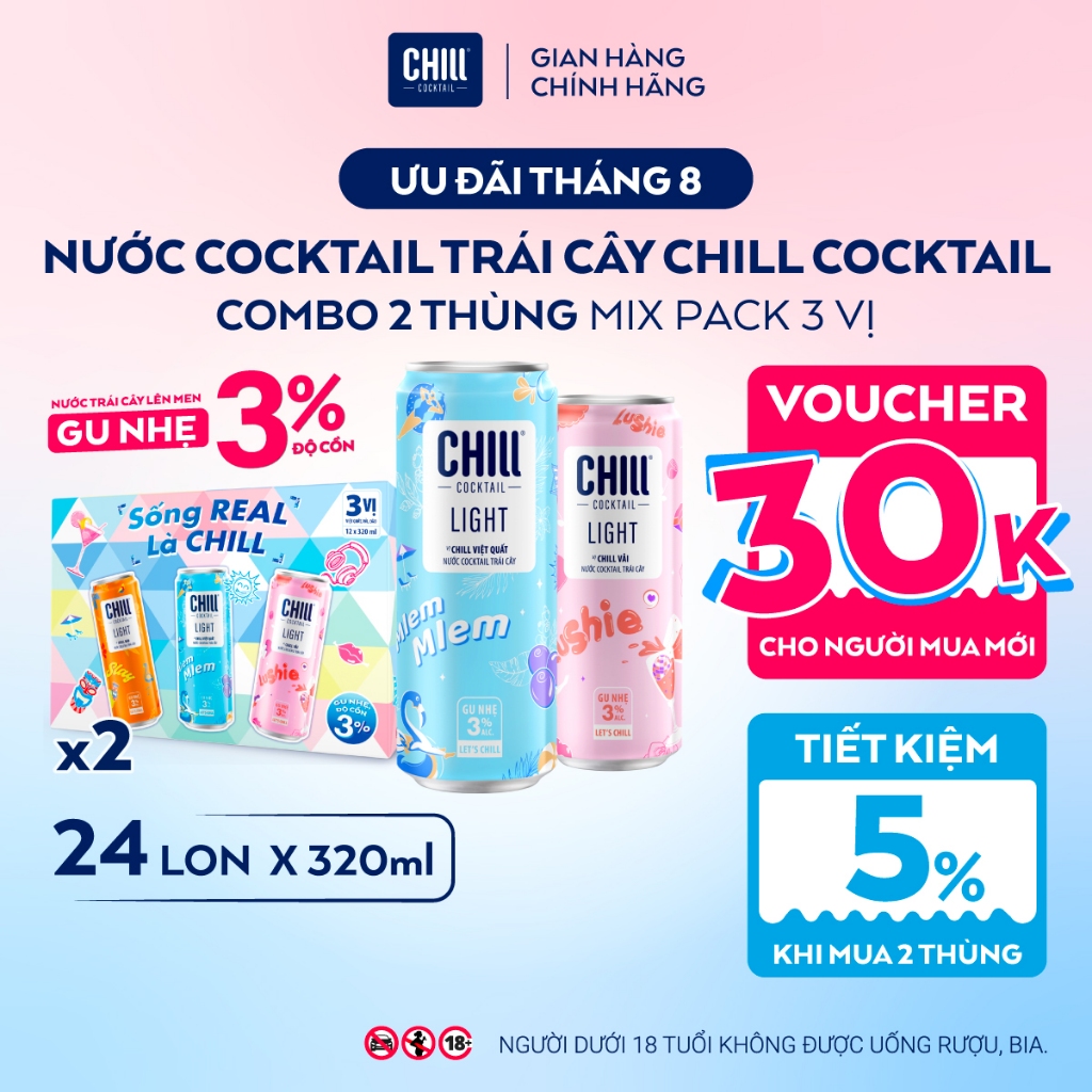 Combo 2 Thùng CHILL COCKTAIL LIGHT Mix 3 Vị (24 Lon x 320ml) Nước Cocktail Trái Cây Gu Nhẹ 3% Ít Cồn