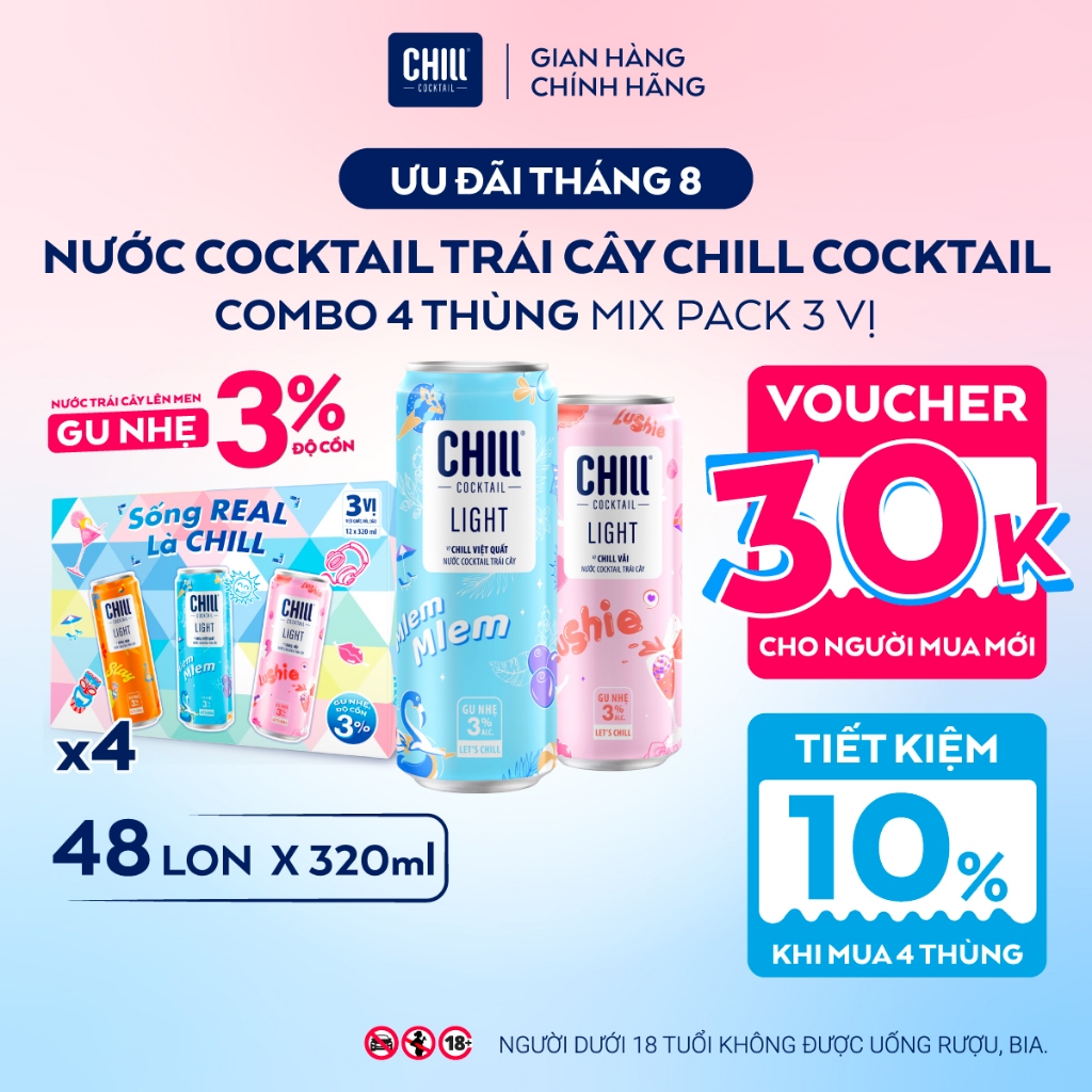 Combo 4 Thùng CHILL COCKTAIL LIGHT Mix 3 Vị (48 Lon x 320ml) Nước Cocktail Trái Cây Gu Nhẹ 3% Ít Cồn