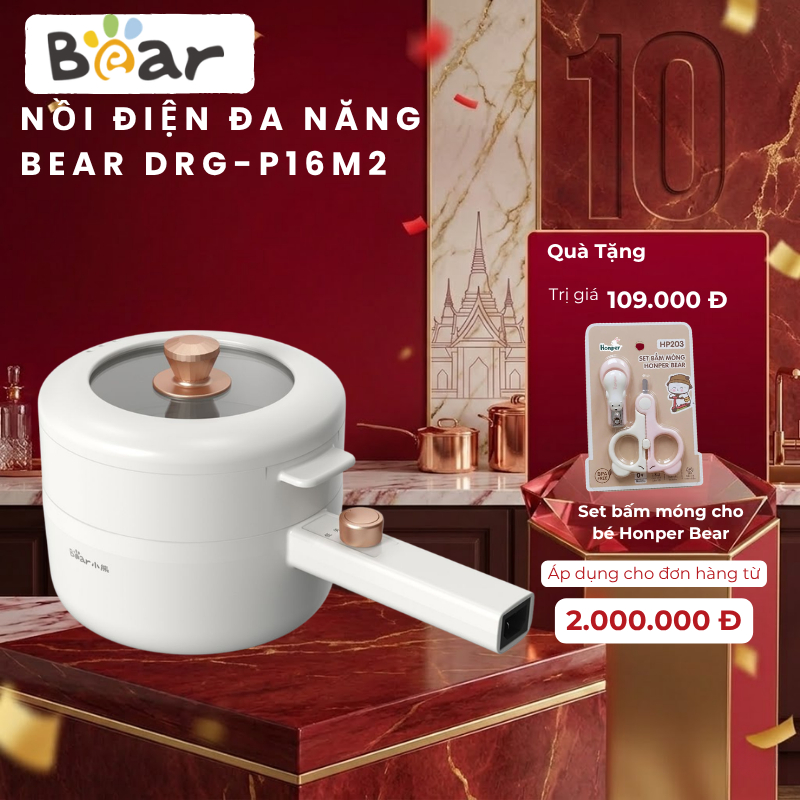 Nồi nấu điện đa năng 3L Bear1.6L DRG-P16M2 (kèm xửng hấp) - Hàng Chính Hãng