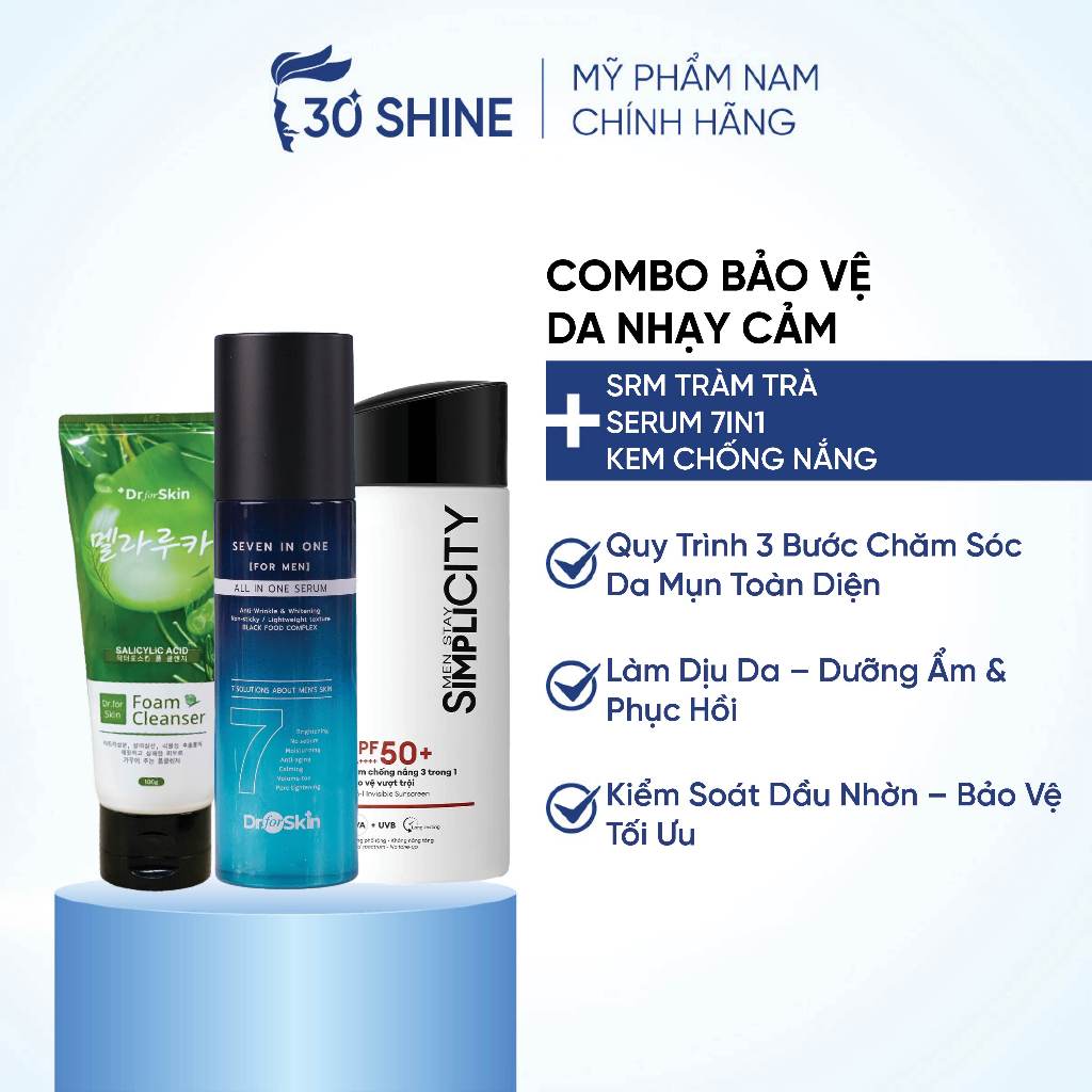 Routine Dịu Nhẹ Trọn Gói Da Mụn/Nhạy cảm: SRM tràm trà + Serum 7in1 Dr.FORSKIN + Kem chống nắng Simp