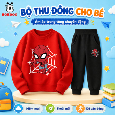 Bộ quần áo nỉ cho bé trai BOBDOG chất da cá ấm áp in hình người nhện cute cho bé HA01-BDO60