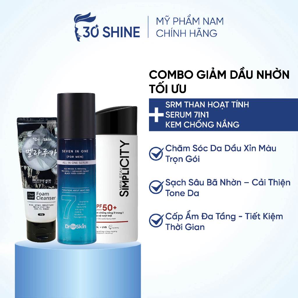 Routine Hỗ trợ Trọn Gói cho Da Xỉn màu/Dầu nhiều: SRM than hoạt tính + Serum 7in1 Dr.FORSKIN + Kem c