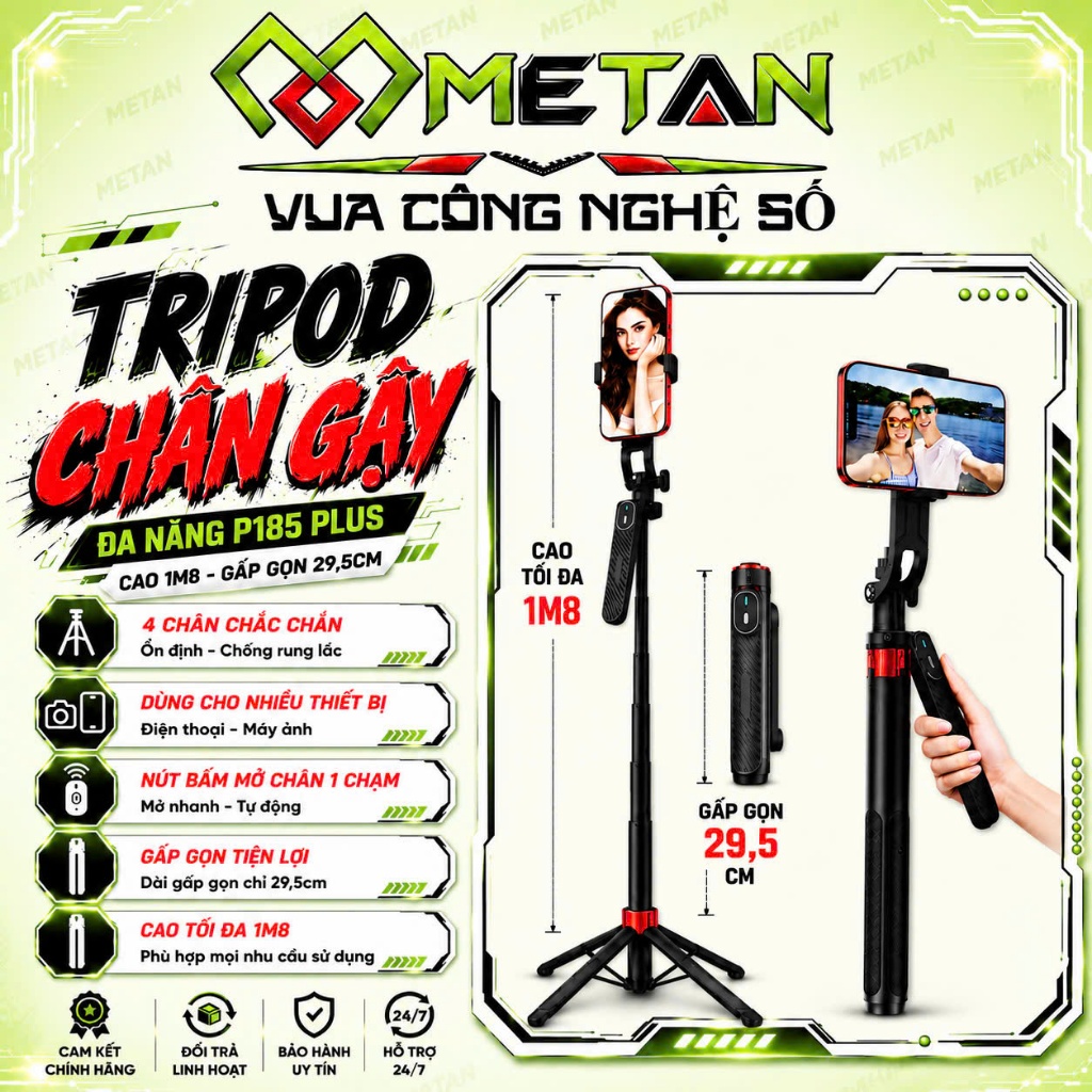 Tripod Gậy Selfie METAN P185 Plus - BẢN NÂNG CẤP CỦA P185 Mở Chân 1 Chạm Dùng Cho Điện Thoại Máy Ảnh