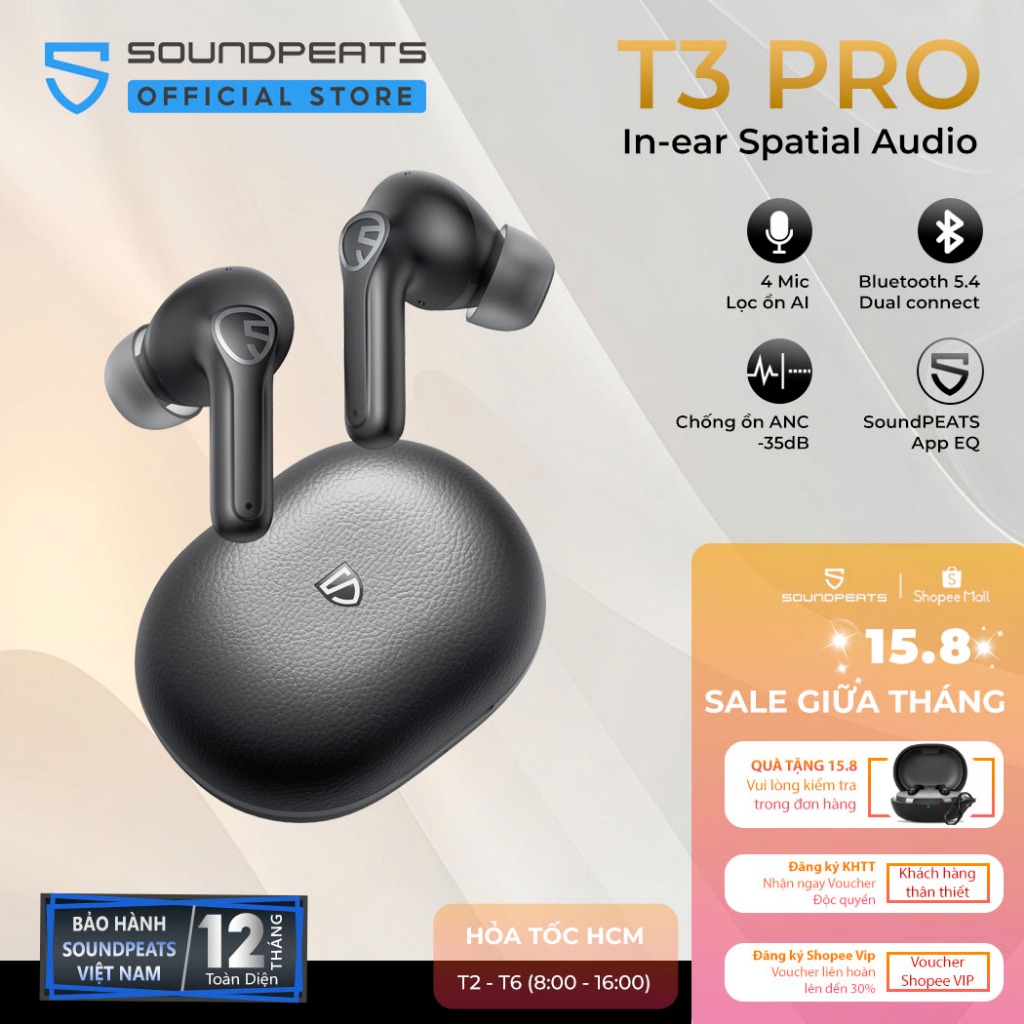 Tai nghe True Wireless SoundPEATS T3 Pro ANC Spatial Audio Bluetooth 5.4