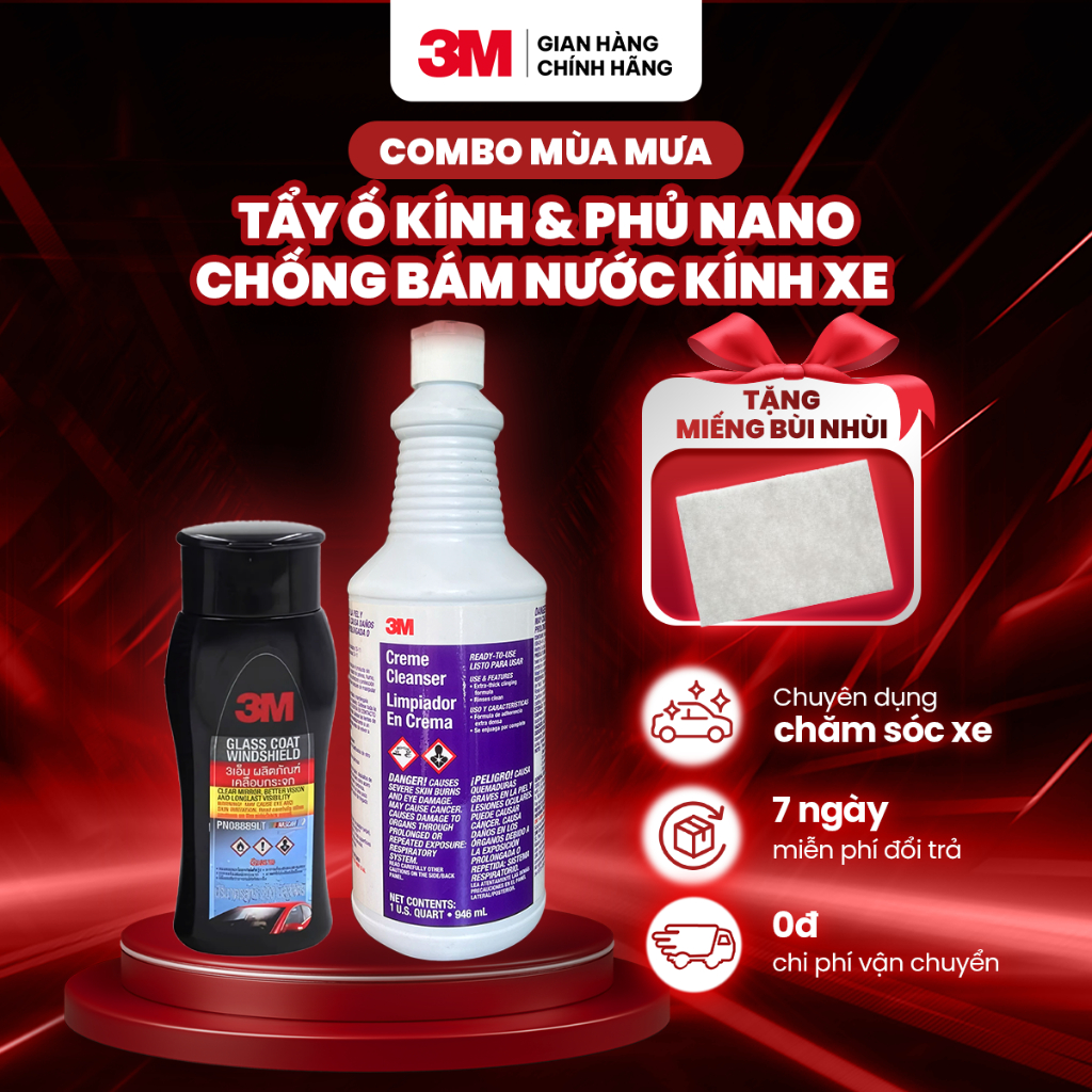 [Combo Mùa Mưa] Bảo Dưỡng Tẩy Ố Kính và Nano Chống Bám Nước kính 3M 8889LT