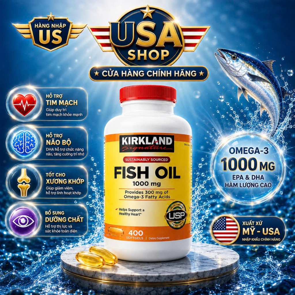 Dầu Cá Chuẩn USP Mỹ Kirkland Signature Omega-3 Fish Oil 1000mg (400 Viên)