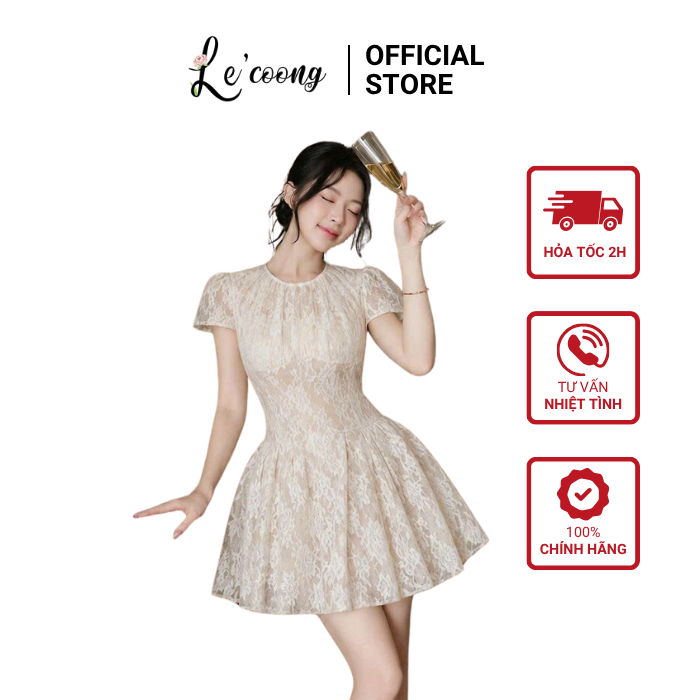 Váy Tiểu Thư Tay Con Ren Hoa LECOONG V886 Váy Đẹp Xòe Bồng Sang Chảnh