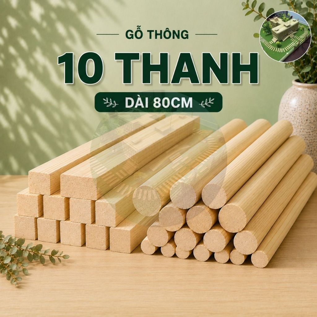 Combo 10 thanh gỗ dài 80cm (8 10 12 15 20 25 30 40 50)