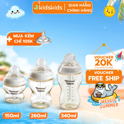 Bình Sữa PPSU Ty Siêu Mềm Tự Nhiên Tommee Tippee 150ml, 260ml, Set Đôi, Nhiều Size, Được Mua Kèm Thêm 01 Núm Ty Bất Kì