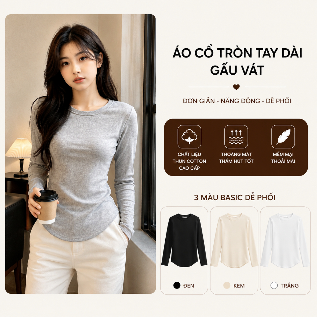 Áo cổ tròn tay dài gấu vát - A47