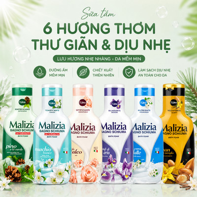 Sữa Tắm Malizia 1000ml Hương Thơm Dịu Nhẹ Dưỡng Ẩm Làm Sạch Da 6 Mùi