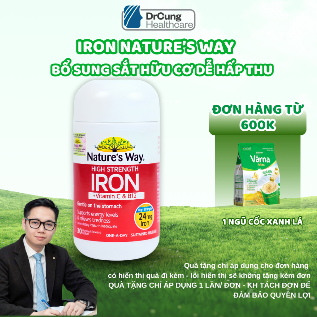 SẮT HỮU CƠ Nature’s Way High Strength Iron + Vitamin C&B12 - Hỗ Trợ Bổ Sung Sắt, Vitamin C & B12 Cho