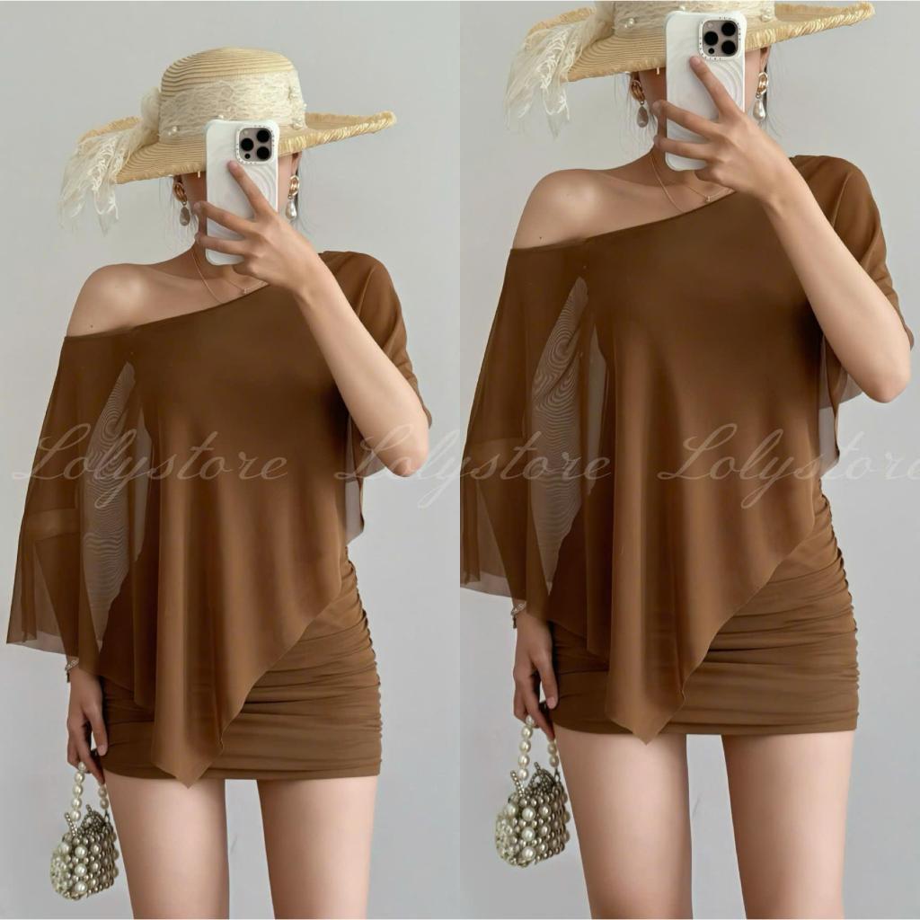 Đầm body nữ dáng ngắn nhún eo tôn dáng trễ vai trẻ trung Lolystore NH904