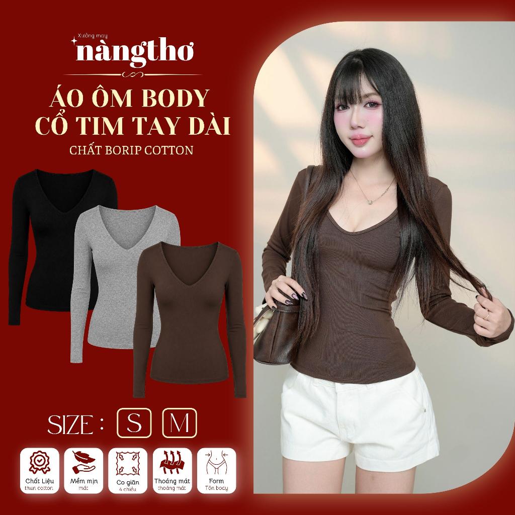 236 [MỞ BÁN] Áo Ôm Body Viền Cổ Tim Khoét Sâu Dài Tay Basic Daily Chất Borip Cotton
