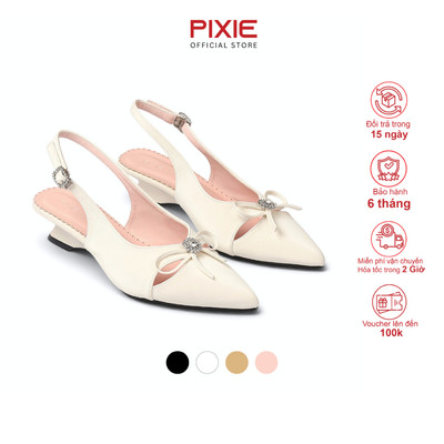 Giày Slingback Nữ Cao Gót 5cm Khoét Cách Điệu Phối Nơ Đính Đá Pixie H482
